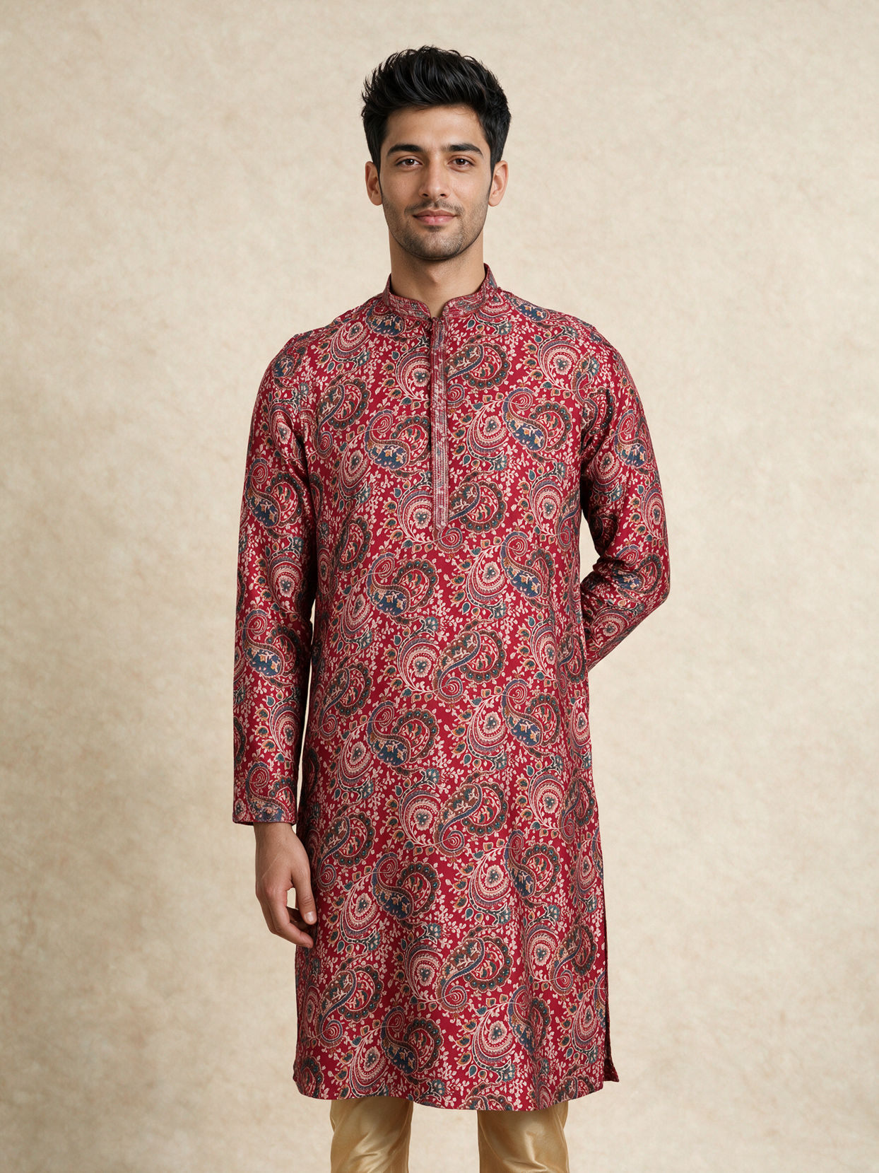 Manyavar Men Red Blended Viscose Kurta Pajama with Print