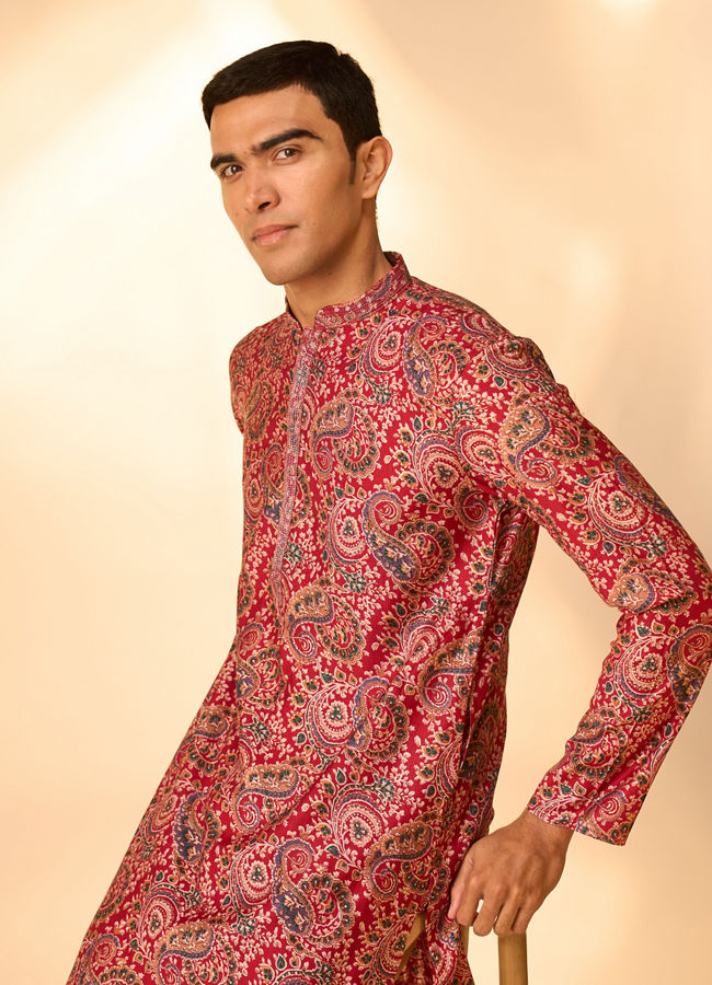 Manyavar Men Red Blended Viscose Kurta Pajama with Print