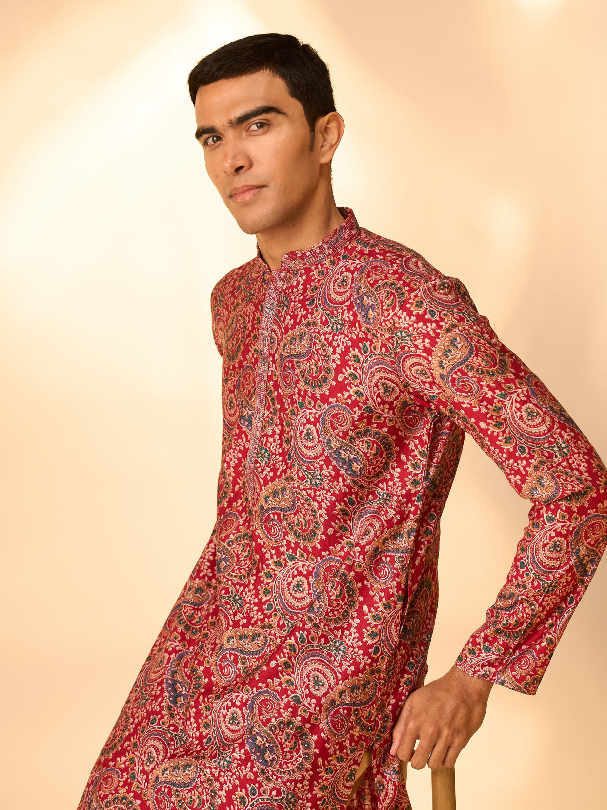 Manyavar Men Red Blended Viscose Kurta Pajama with Print