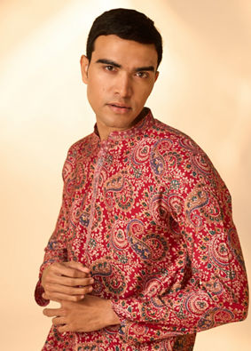 Manyavar Men Red Blended Viscose Kurta Pajama with Print