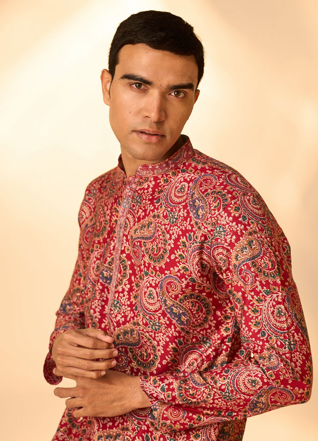 Manyavar Men Red Blended Viscose Kurta Pajama with Print