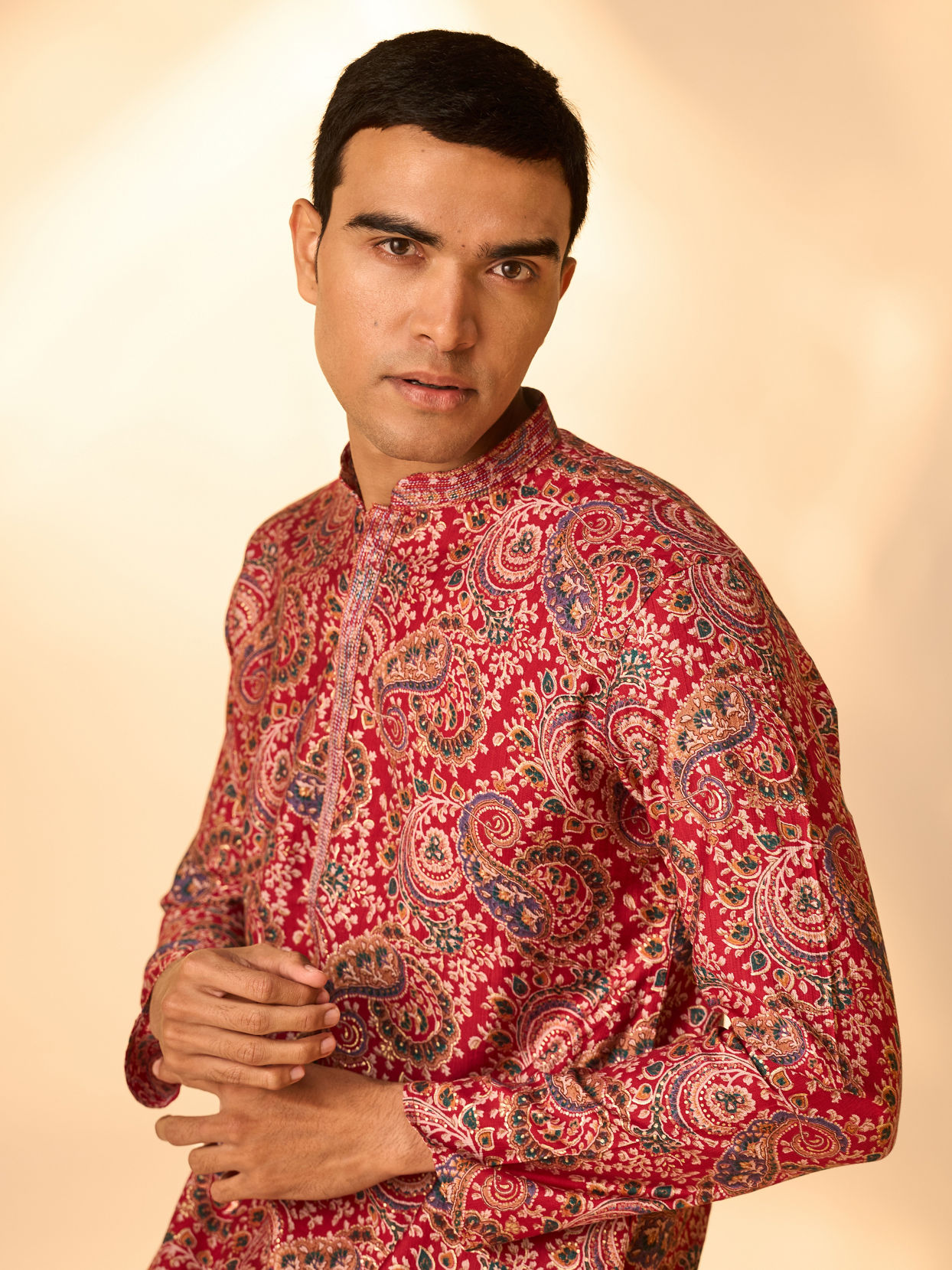 Manyavar Men Red Blended Viscose Kurta Pajama with Print