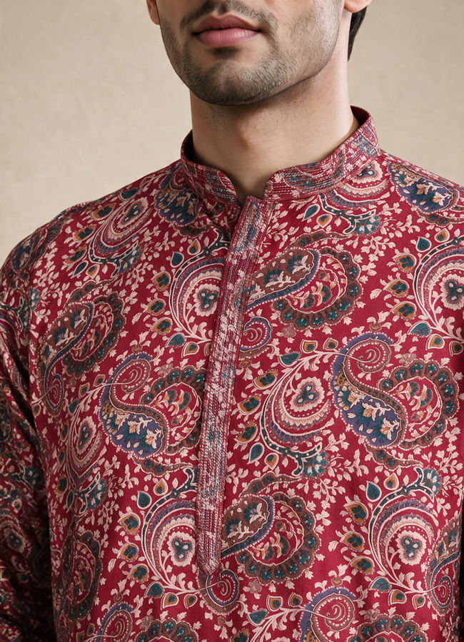 Manyavar Men Red Blended Viscose Kurta Pajama with Print
