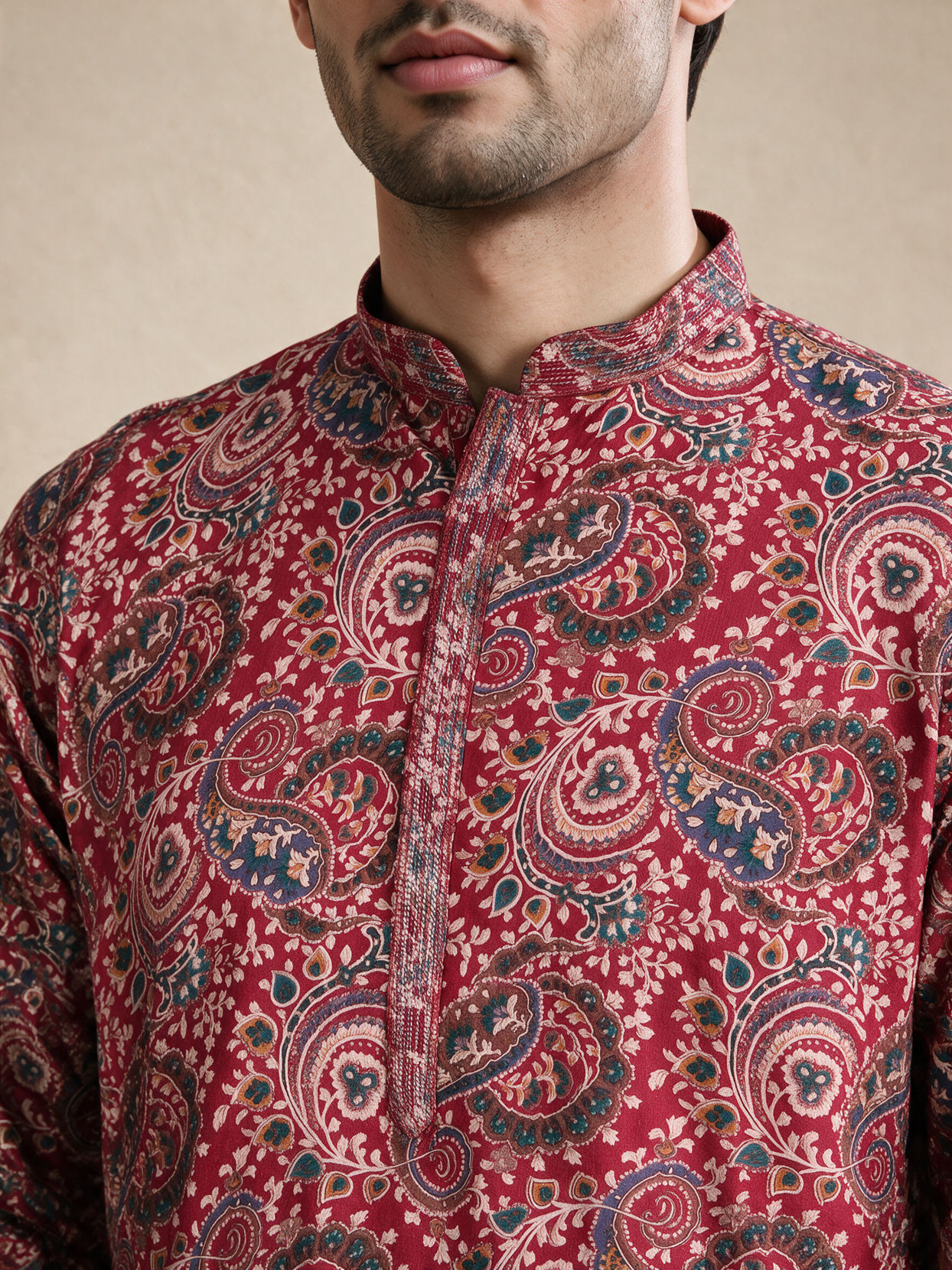 Manyavar Men Red Blended Viscose Kurta Pajama with Print