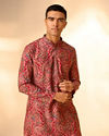 Manyavar Men Red Blended Viscose Kurta Pajama with Print