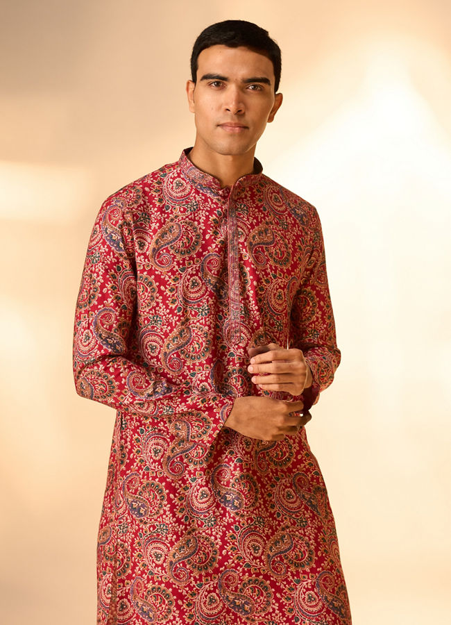 Manyavar Men Red Blended Viscose Kurta Pajama with Print