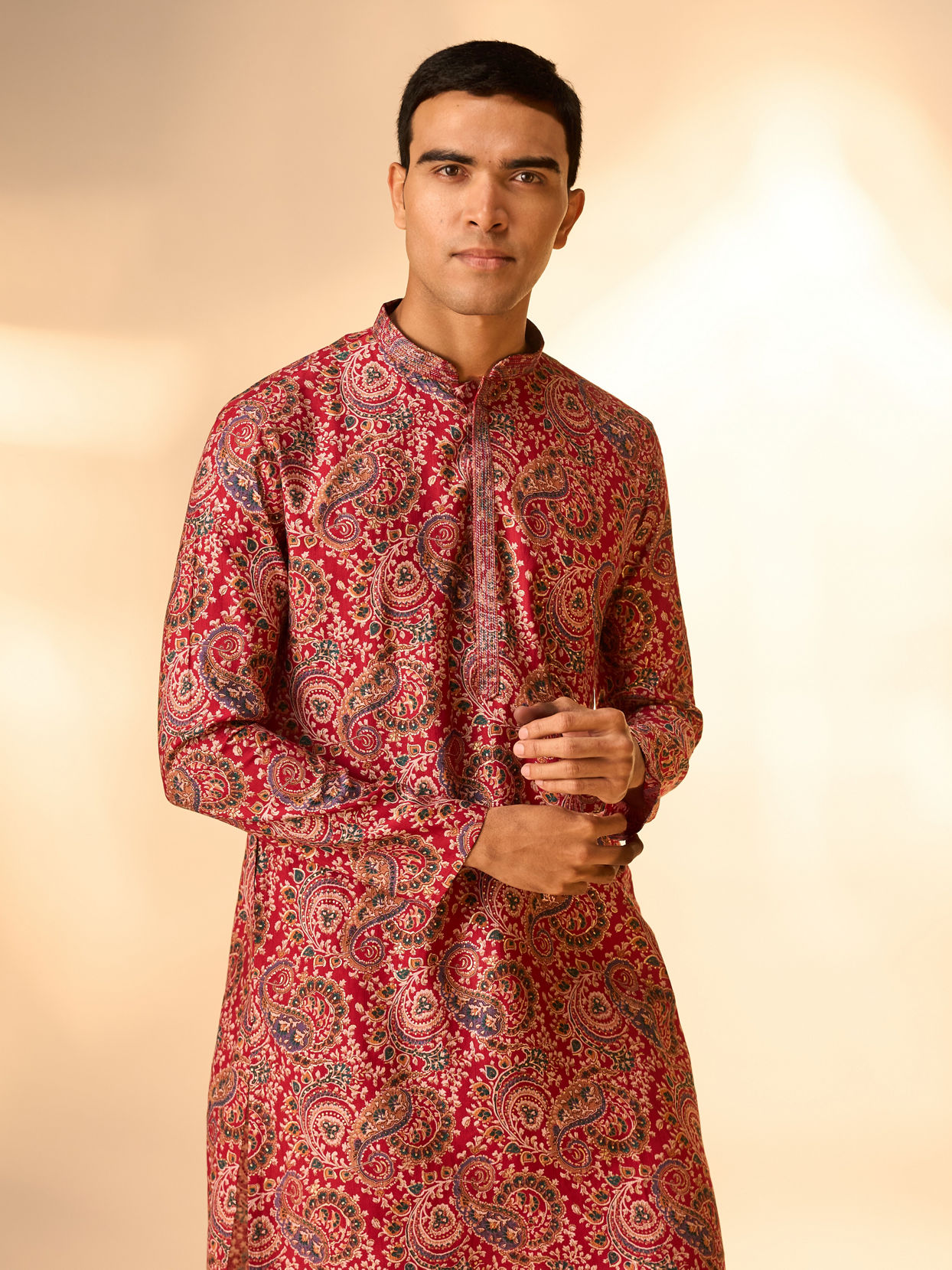 Manyavar Men Red Blended Viscose Kurta Pajama with Print