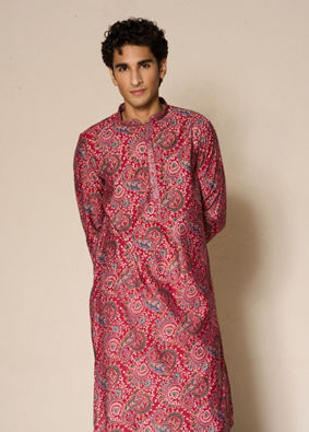 Manyavar Men Red Blended Viscose Kurta Pajama with Print