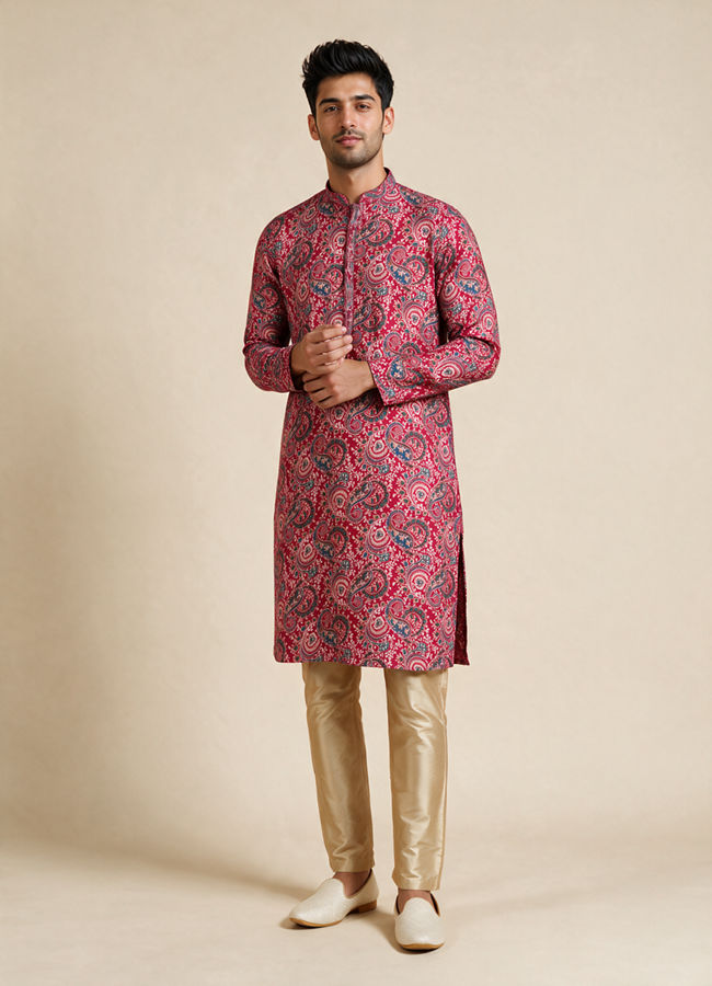 Manyavar Men Red Blended Viscose Kurta Pajama with Print