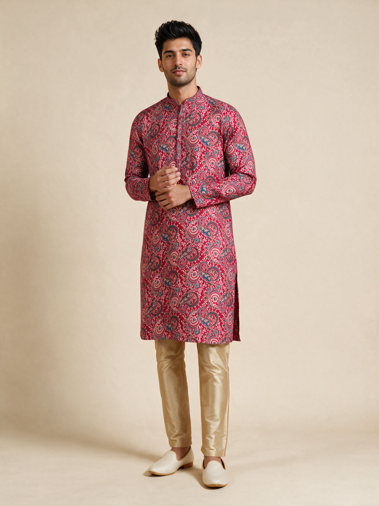 Manyavar Men Red Blended Viscose Kurta Pajama with Print