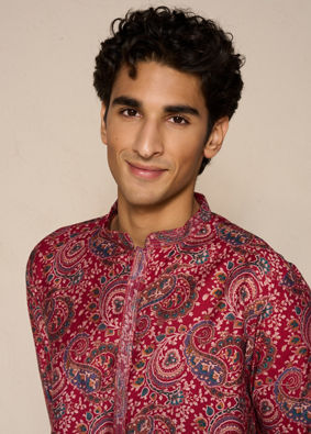 Manyavar Men Red Blended Viscose Kurta Pajama with Print