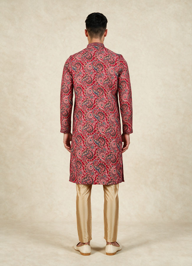 Manyavar Men Red Blended Viscose Kurta Pajama with Print