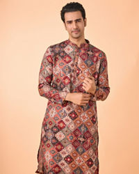 Manyavar Men Orange Fancy Print Kurta Pajama Set