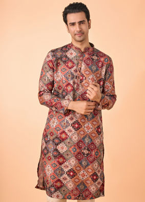 Manyavar Men Orange Fancy Print Kurta Pajama Set
