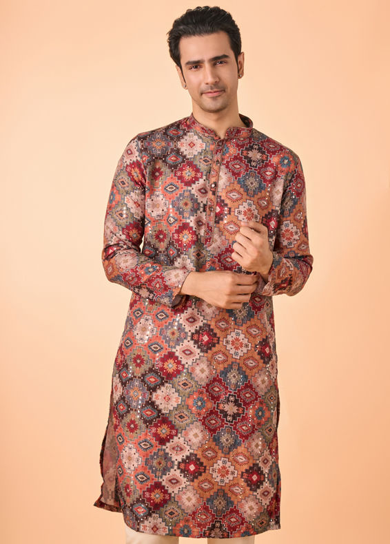 Manyavar Men Orange Fancy Print Kurta Pajama Set
