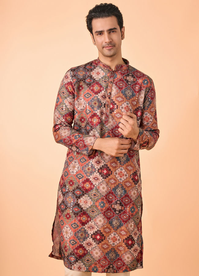 Manyavar Men Orange Fancy Print Kurta Pajama Set