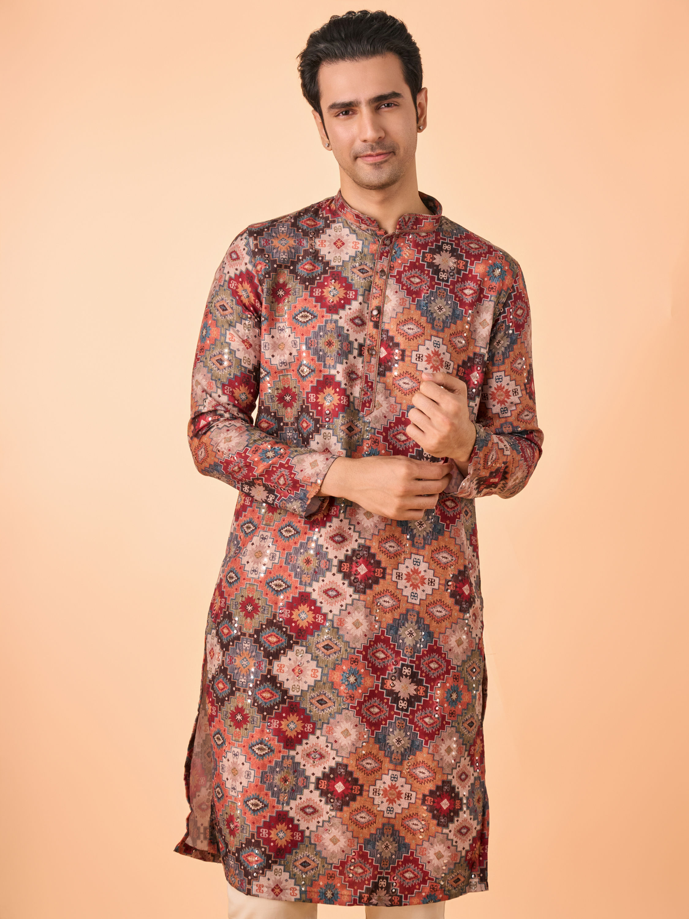 Manyavar Men Orange Fancy Print Kurta Pajama Set