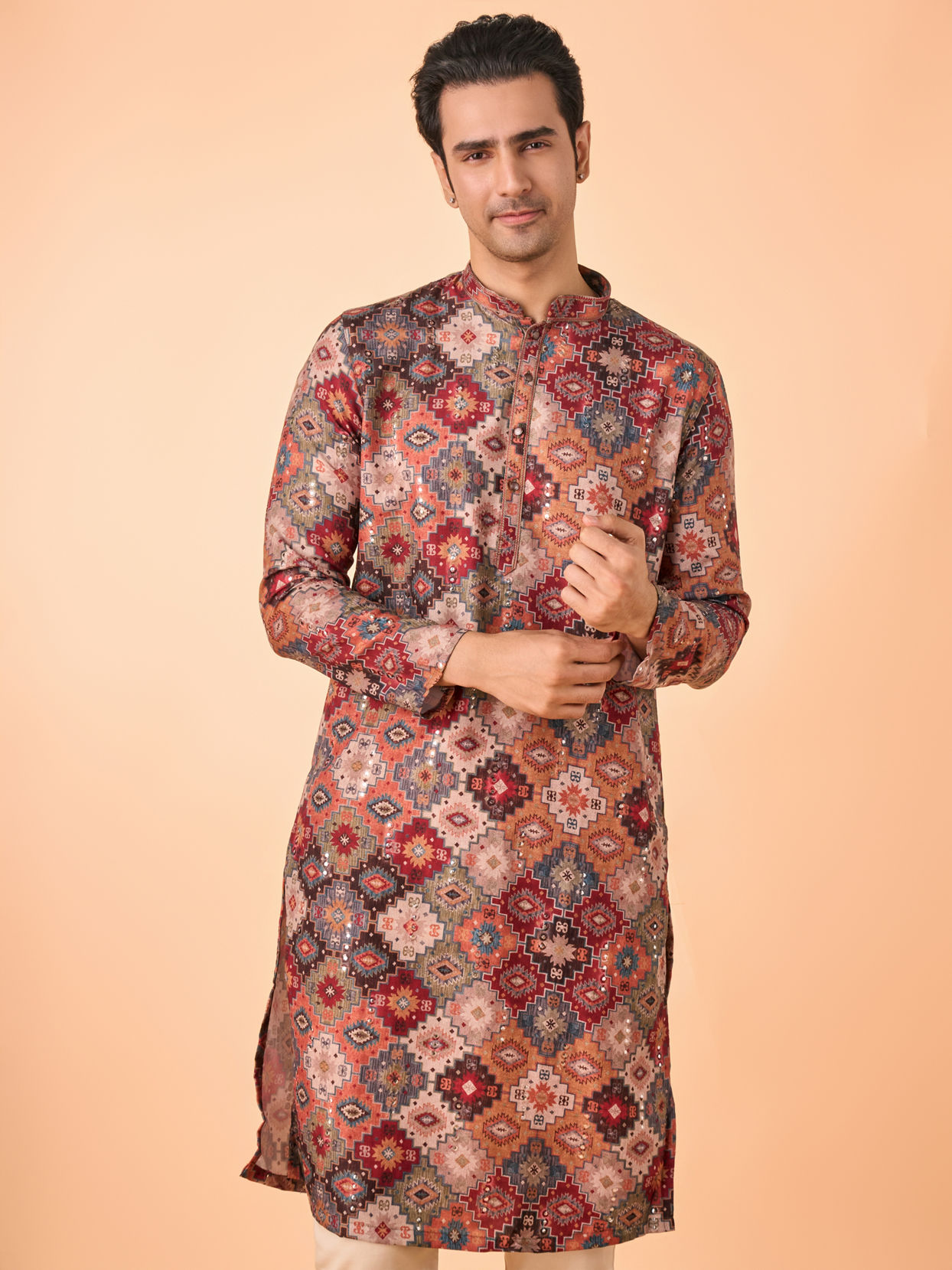 Manyavar Men Orange Fancy Print Kurta Pajama Set