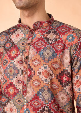 Manyavar Men Orange Fancy Print Kurta Pajama Set