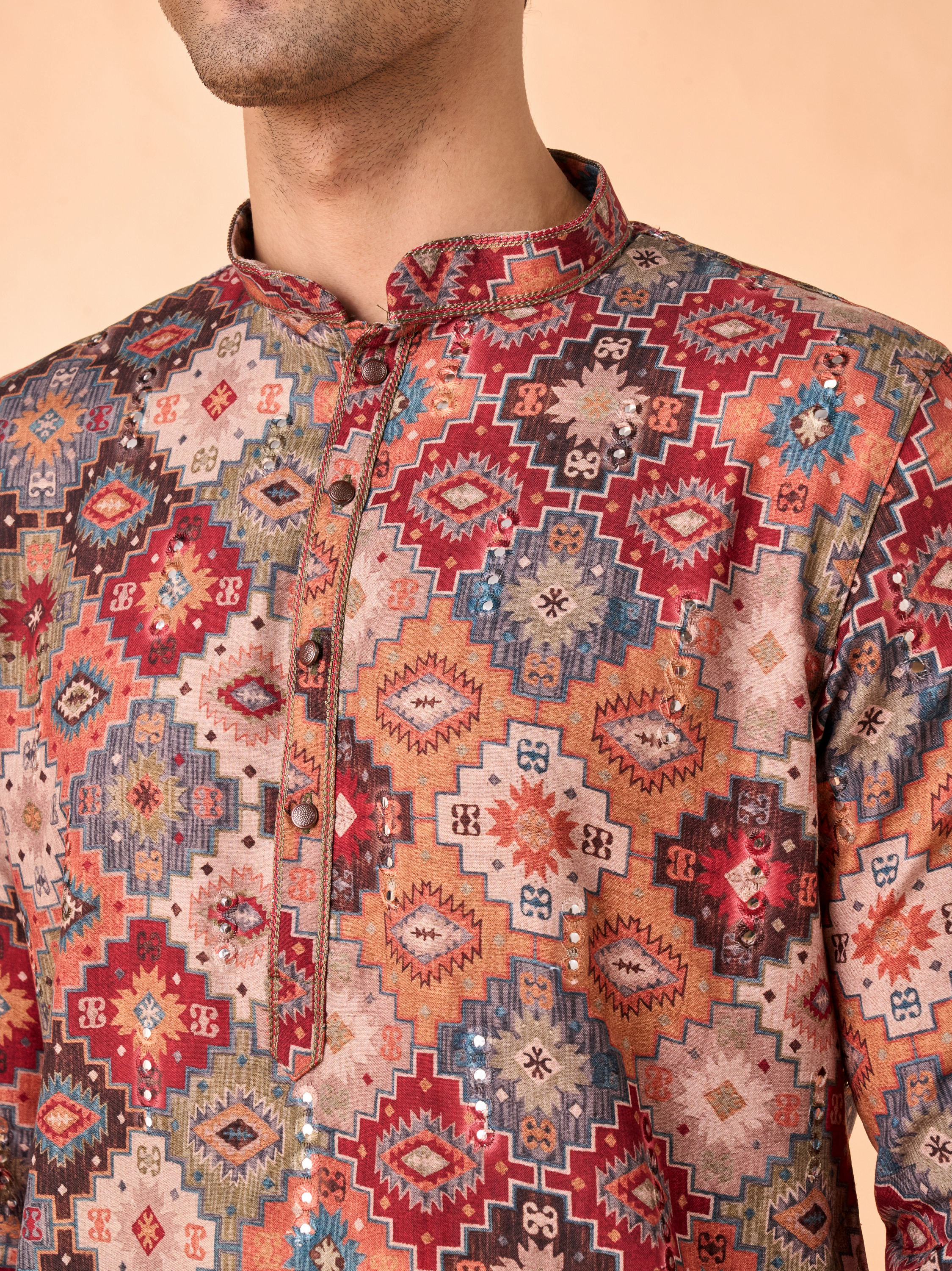 Manyavar Men Orange Fancy Print Kurta Pajama Set