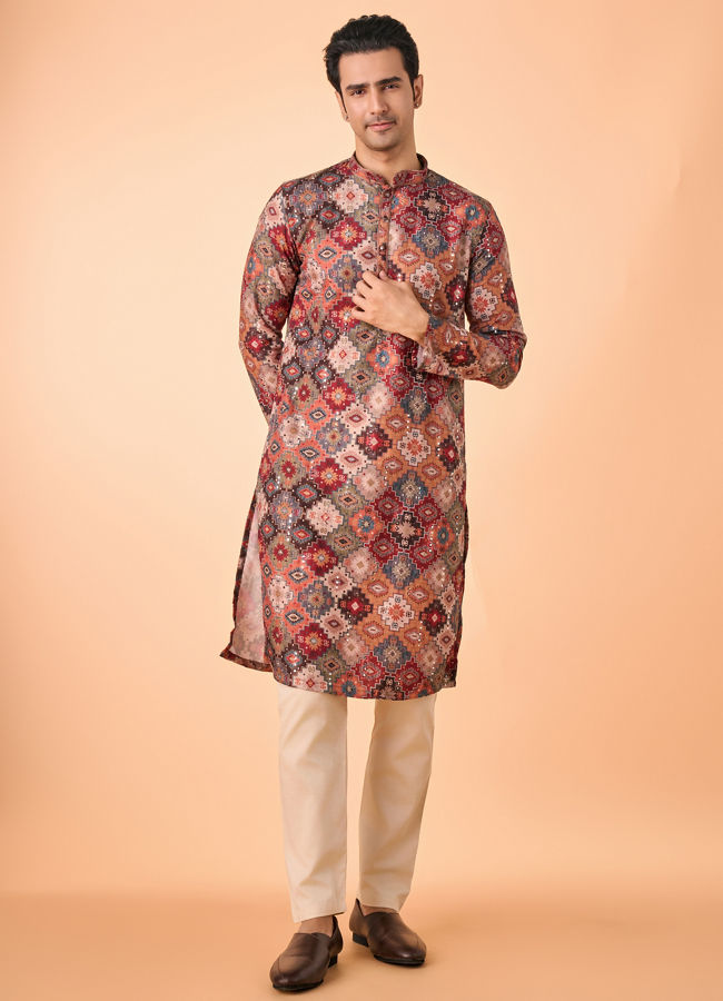 Manyavar Men Orange Fancy Print Kurta Pajama Set