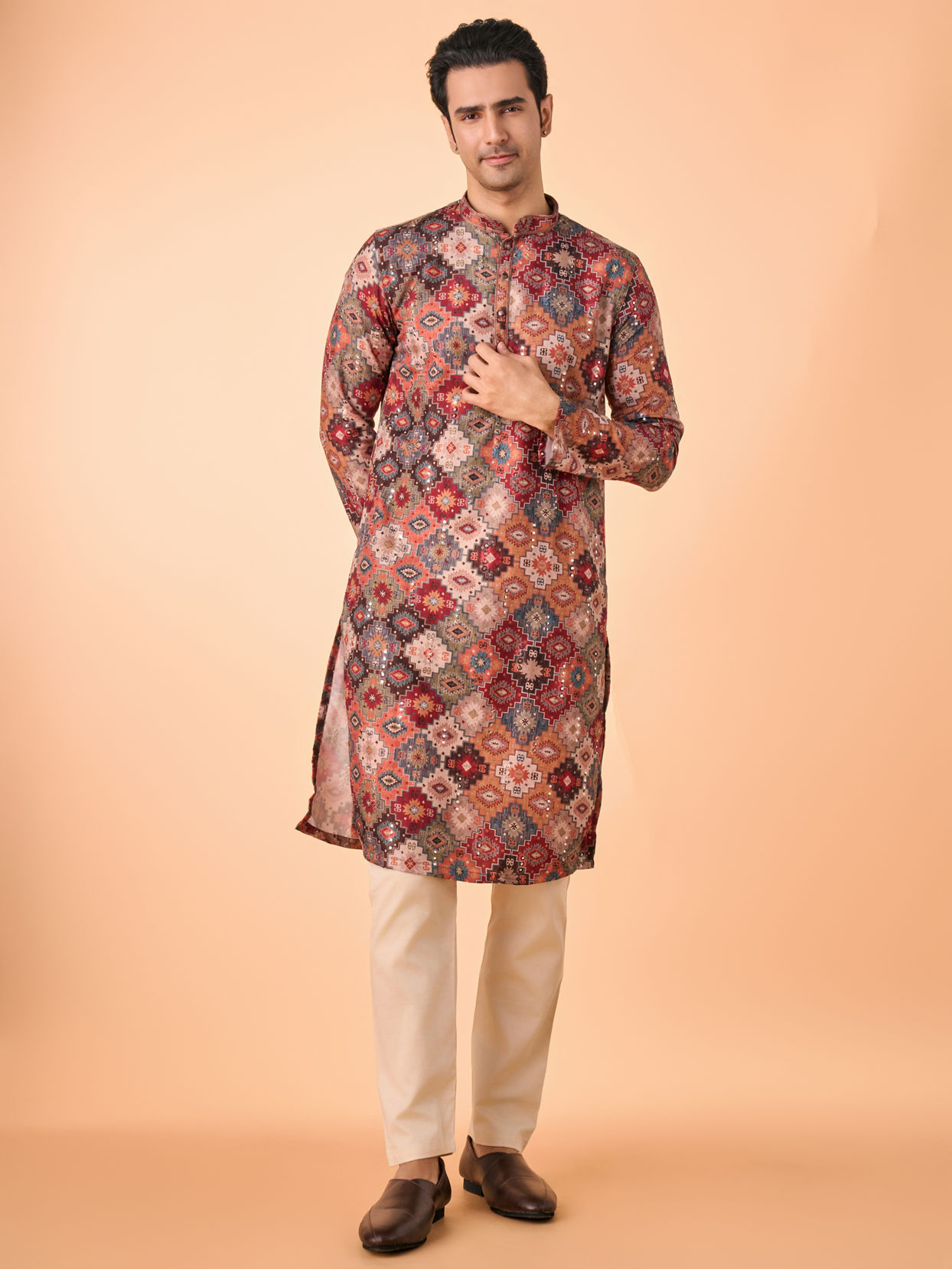 Manyavar Men Orange Fancy Print Kurta Pajama Set