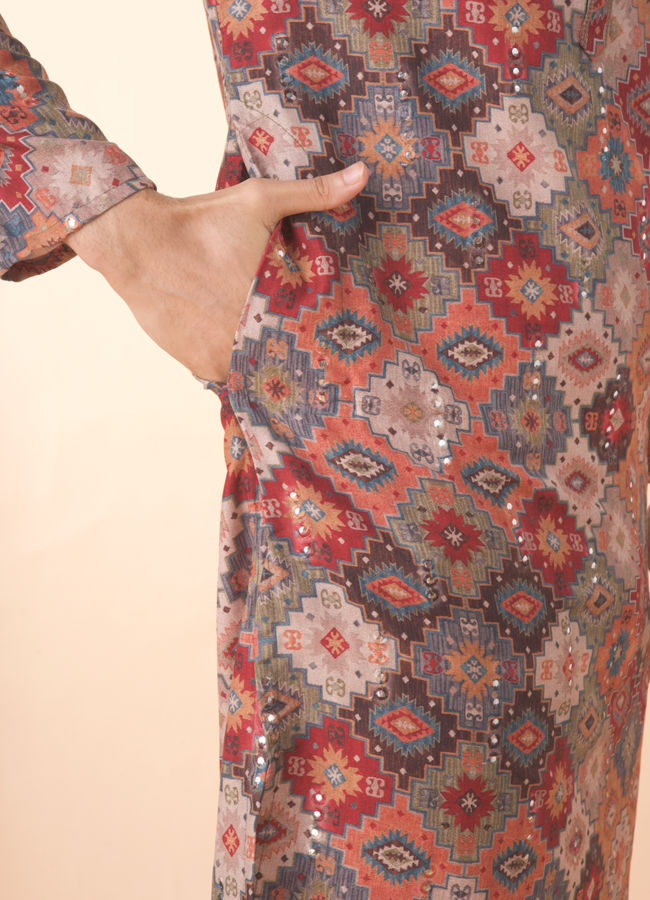 Manyavar Men Orange Fancy Print Kurta Pajama Set