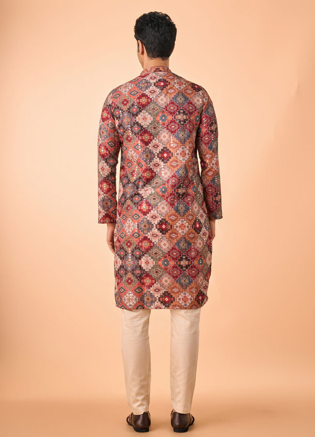 Manyavar Men Orange Fancy Print Kurta Pajama Set