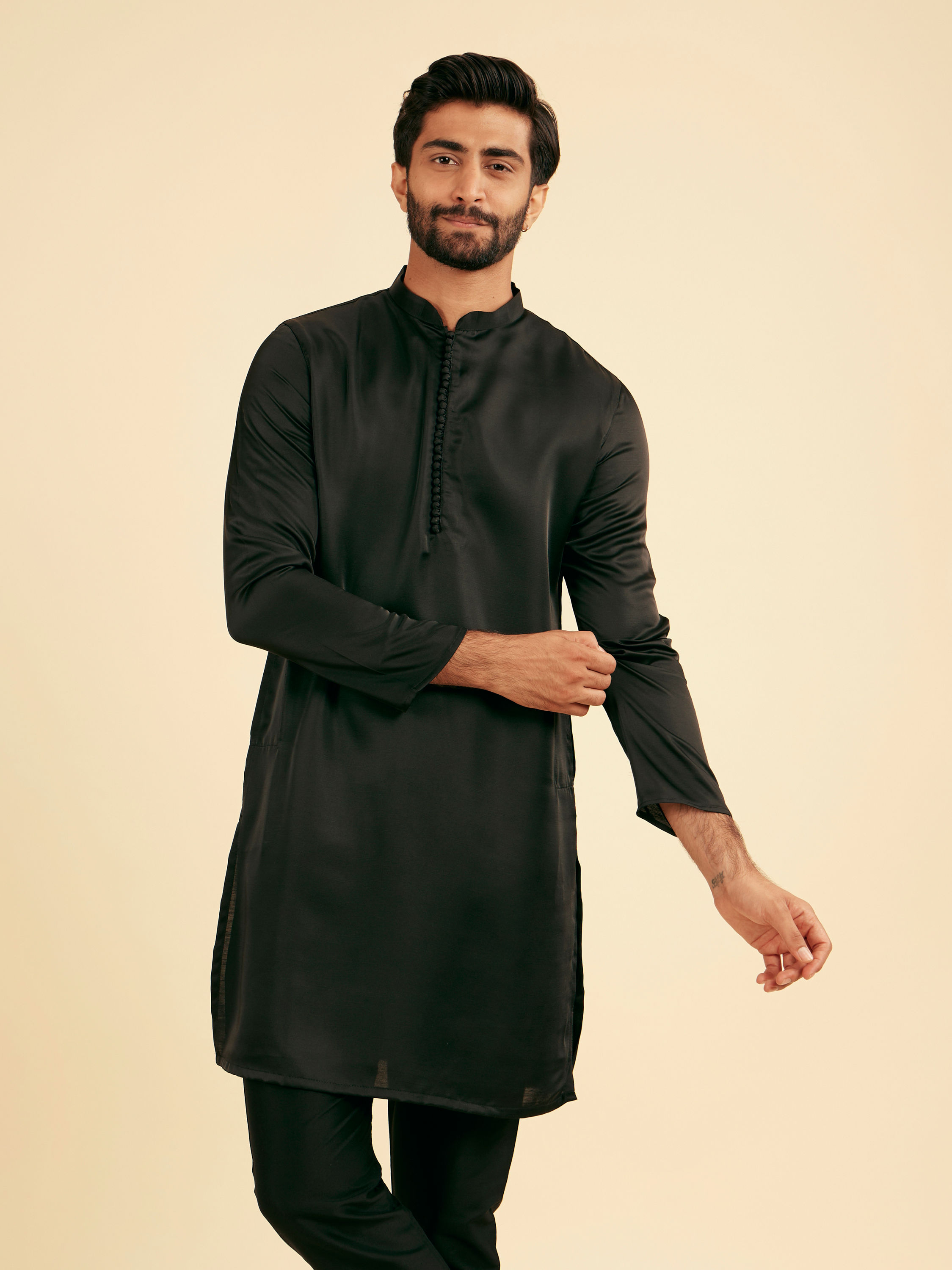 Manyavar Men Black Elegance Satin Kurta Pajama