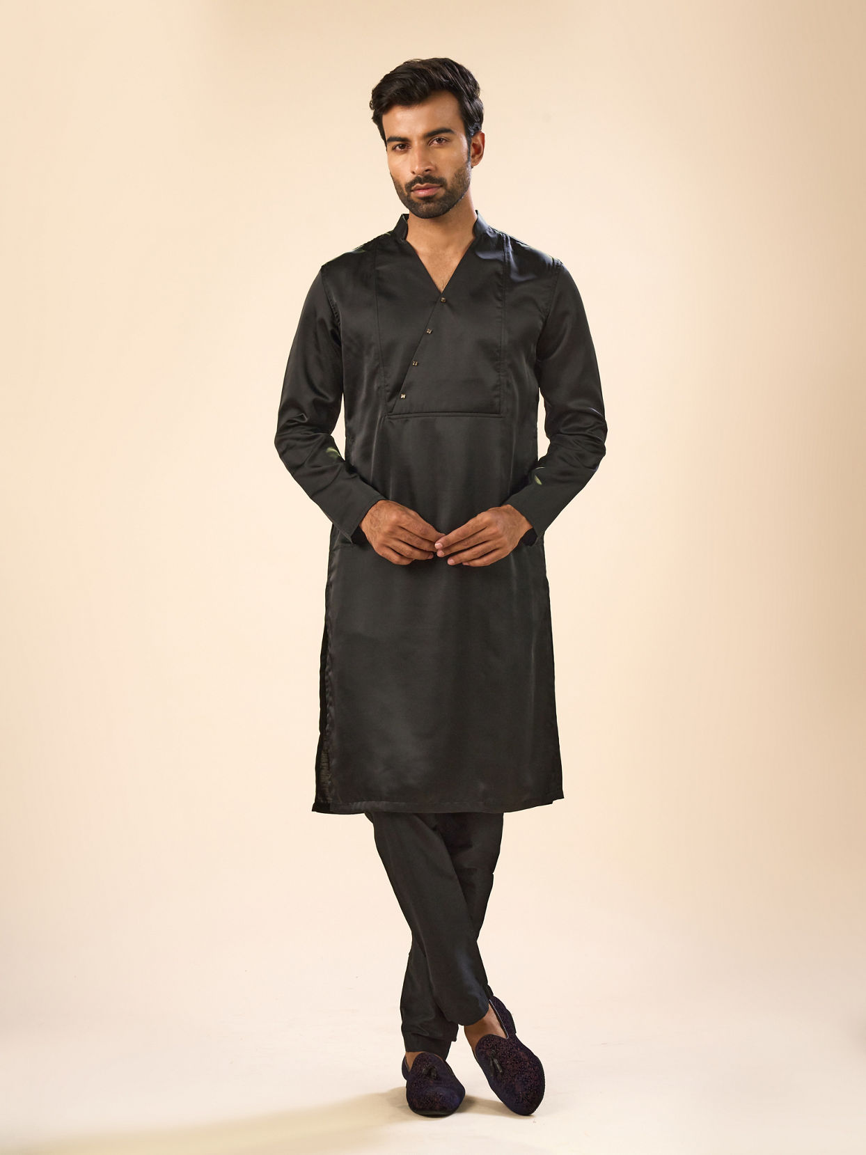 Manyavar Men Elegant Black Satin Kurta Pajama
