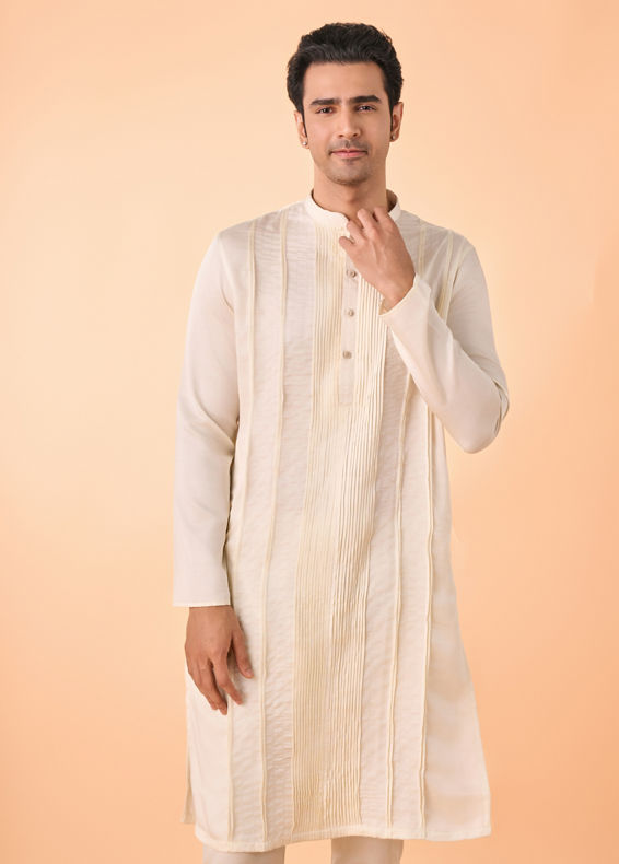Manyavar Men Cream Satin Elegance Kurta Pajama