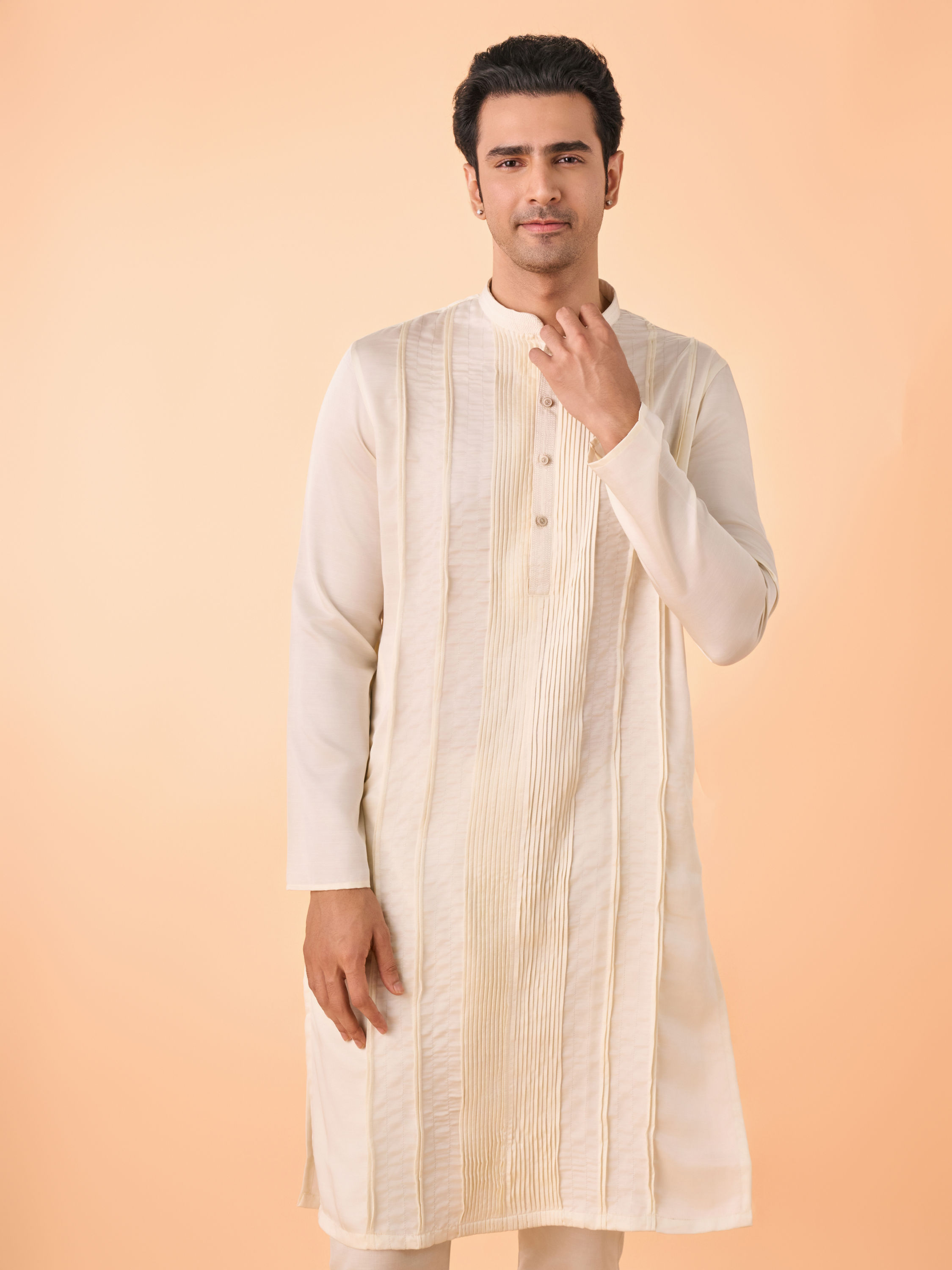 Manyavar Men Cream Satin Elegance Kurta Pajama