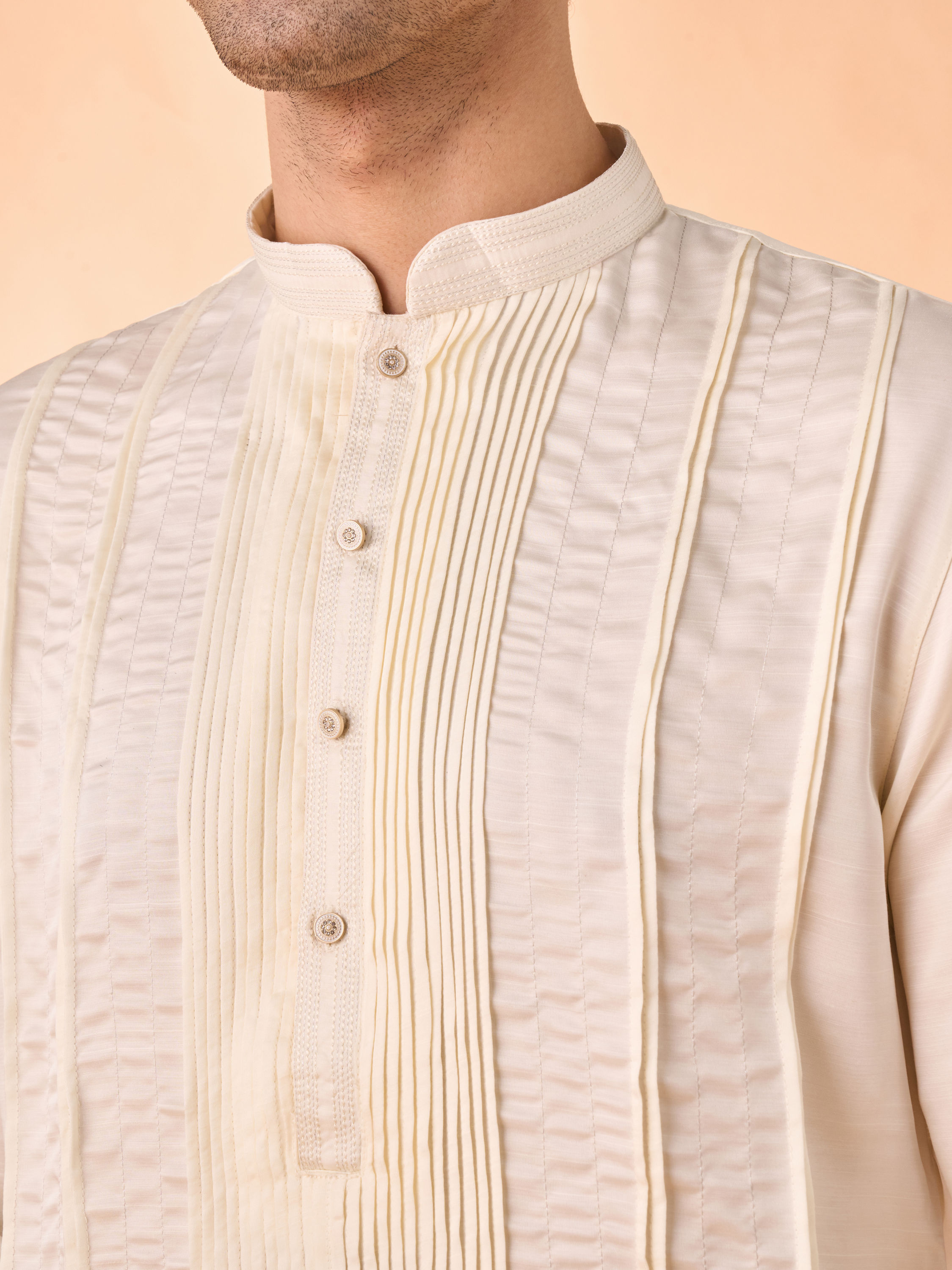 Manyavar Men Cream Satin Elegance Kurta Pajama
