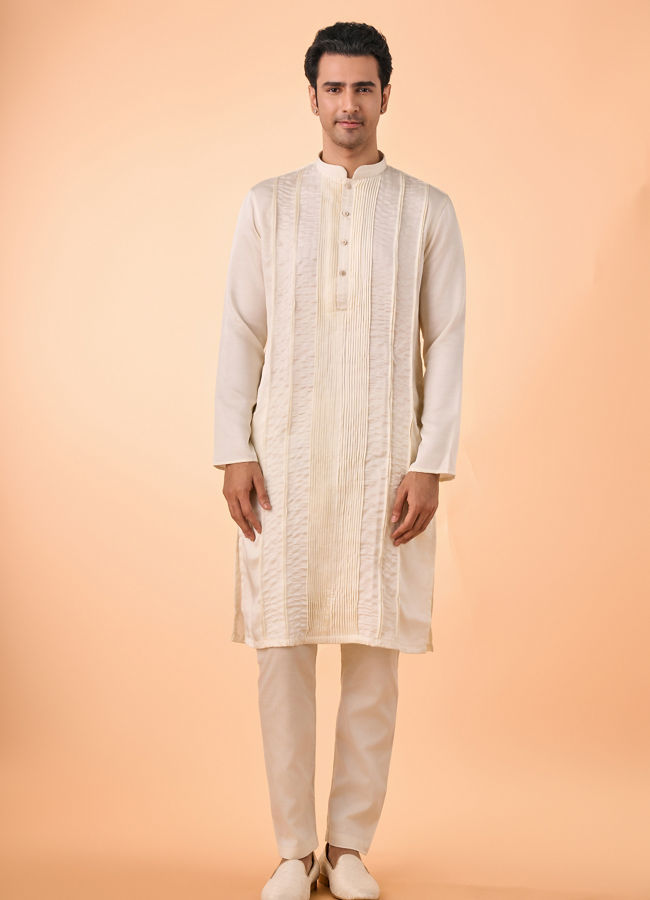 Manyavar Men Cream Satin Elegance Kurta Pajama