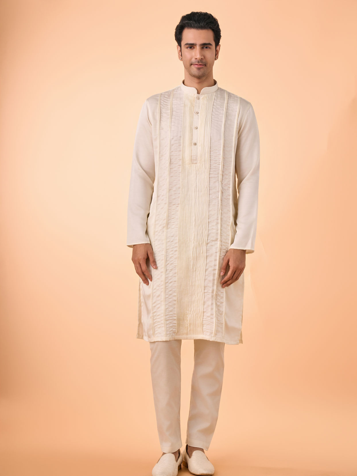 Manyavar Men Cream Satin Elegance Kurta Pajama