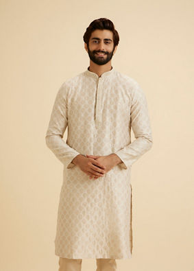 Manyavar Men Exquisite Beige Brocade Kurta Pajama Set