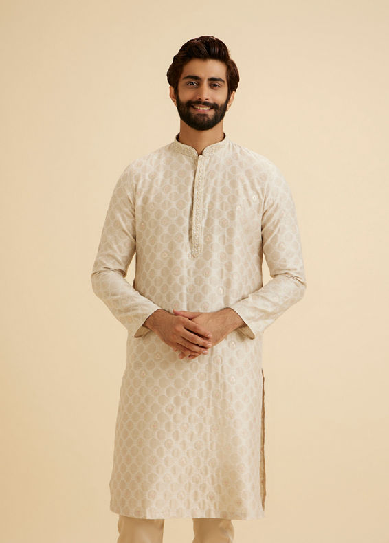 Manyavar Men Exquisite Beige Brocade Kurta Pajama Set