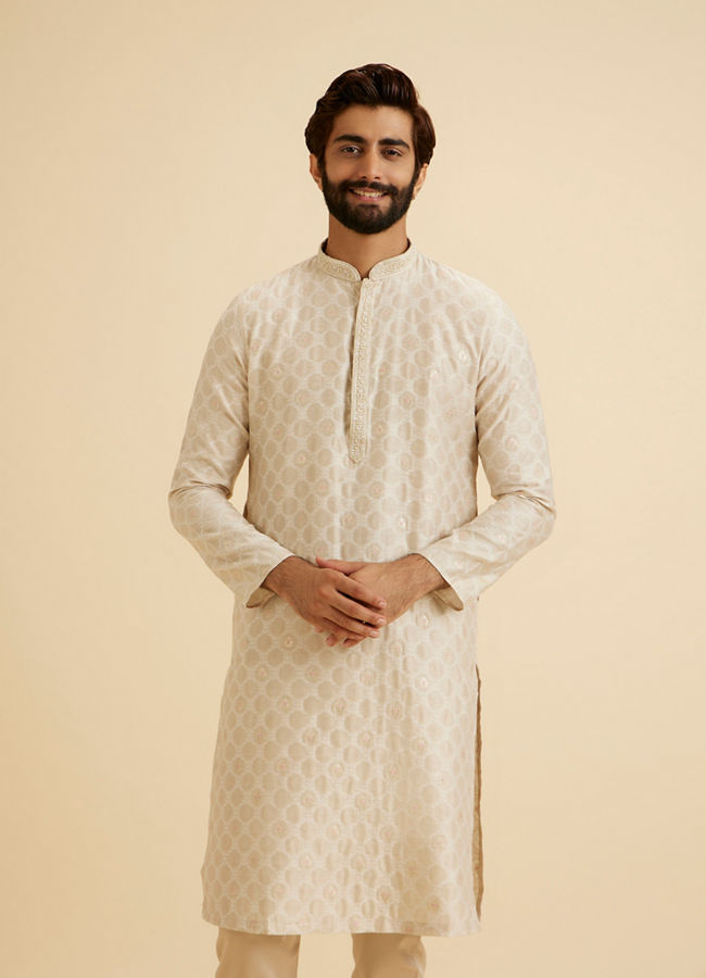Manyavar Men Exquisite Beige Brocade Kurta Pajama Set