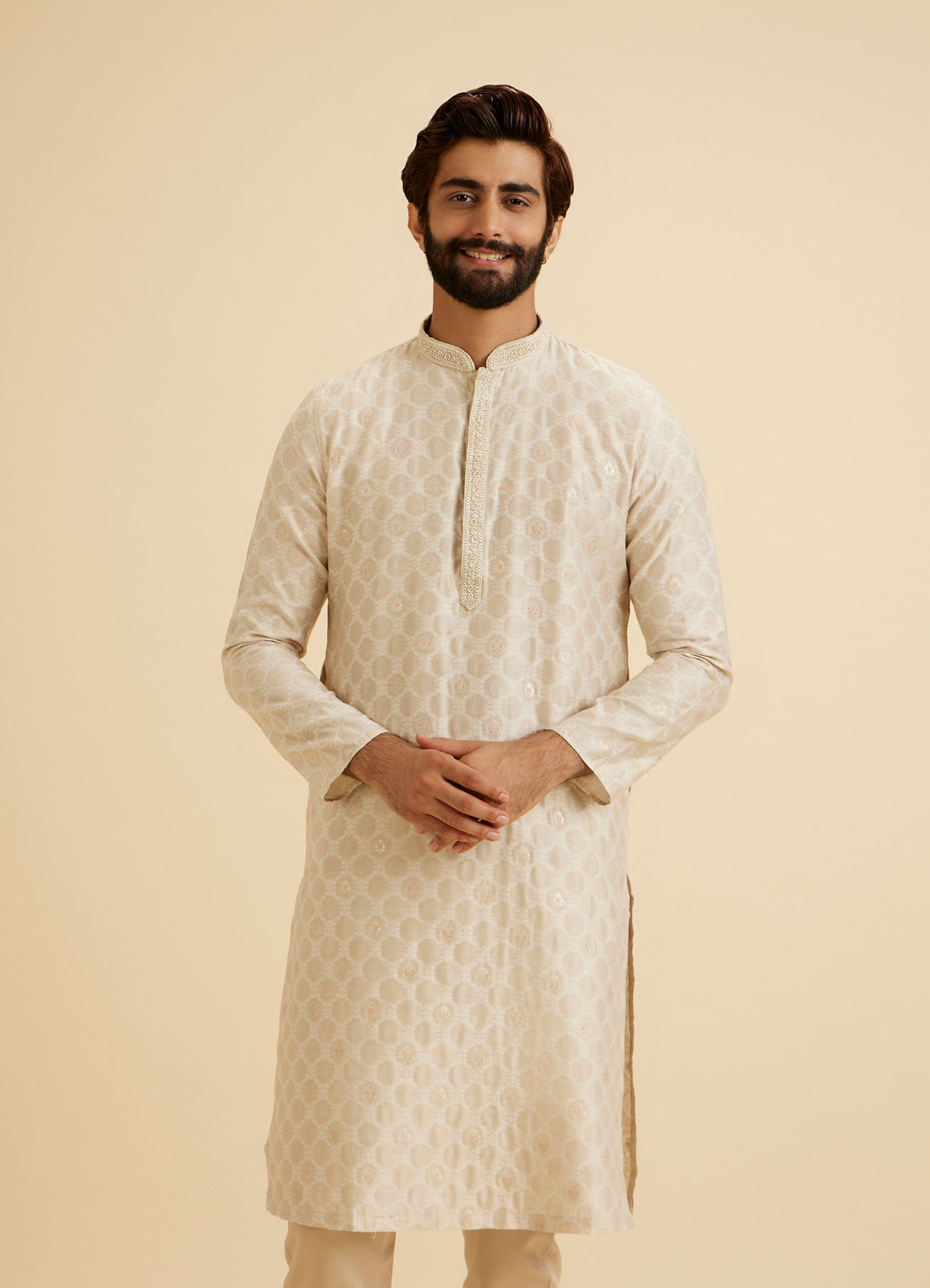 Manyavar Men Exquisite Beige Brocade Kurta Pajama Set