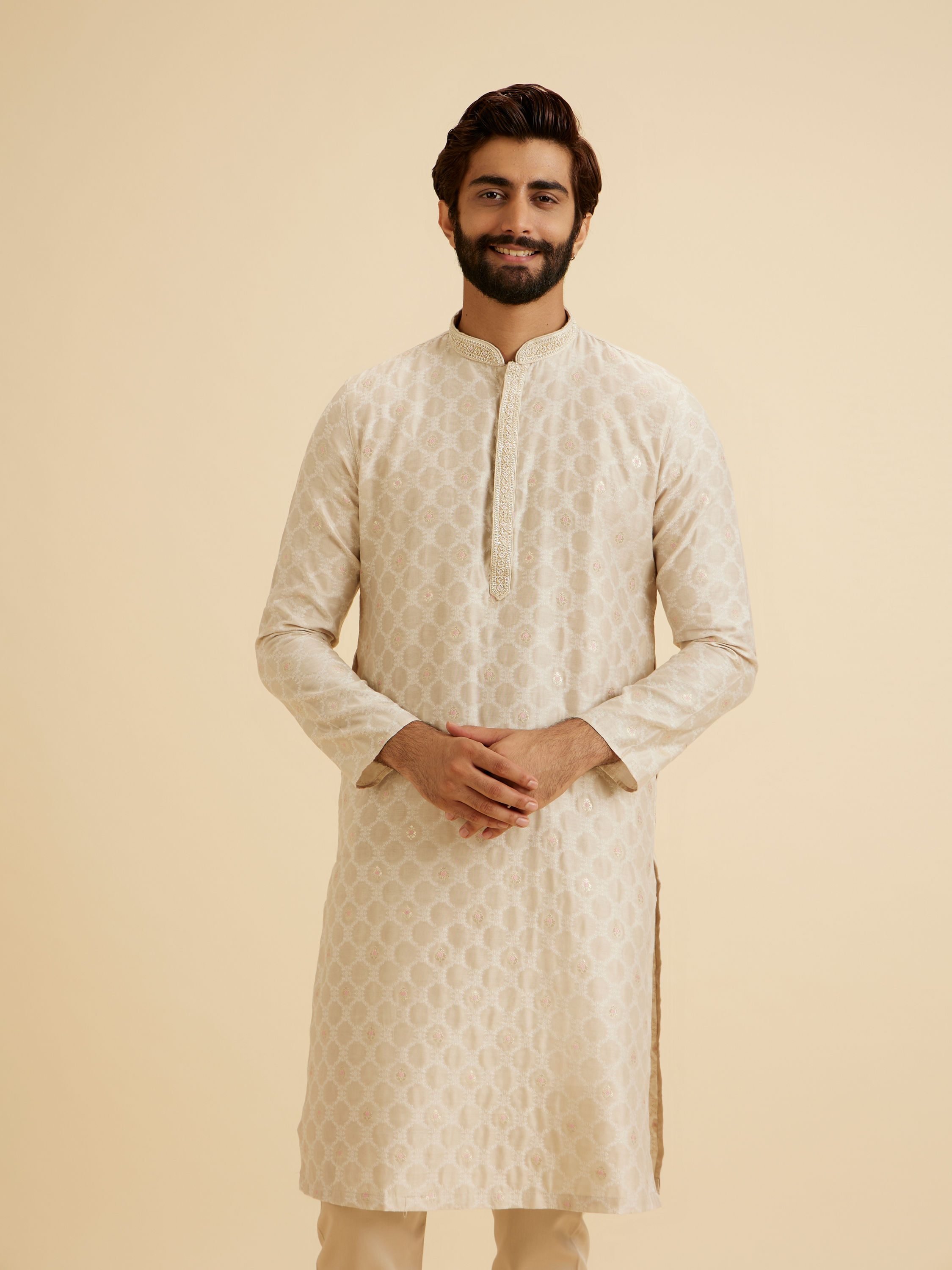 Manyavar Men Exquisite Beige Brocade Kurta Pajama Set