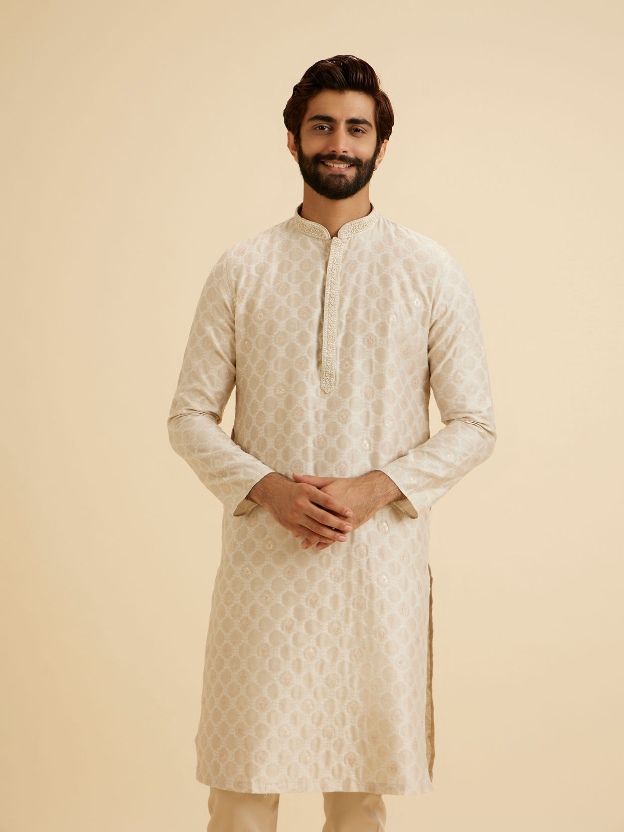 Manyavar Men Exquisite Beige Brocade Kurta Pajama Set