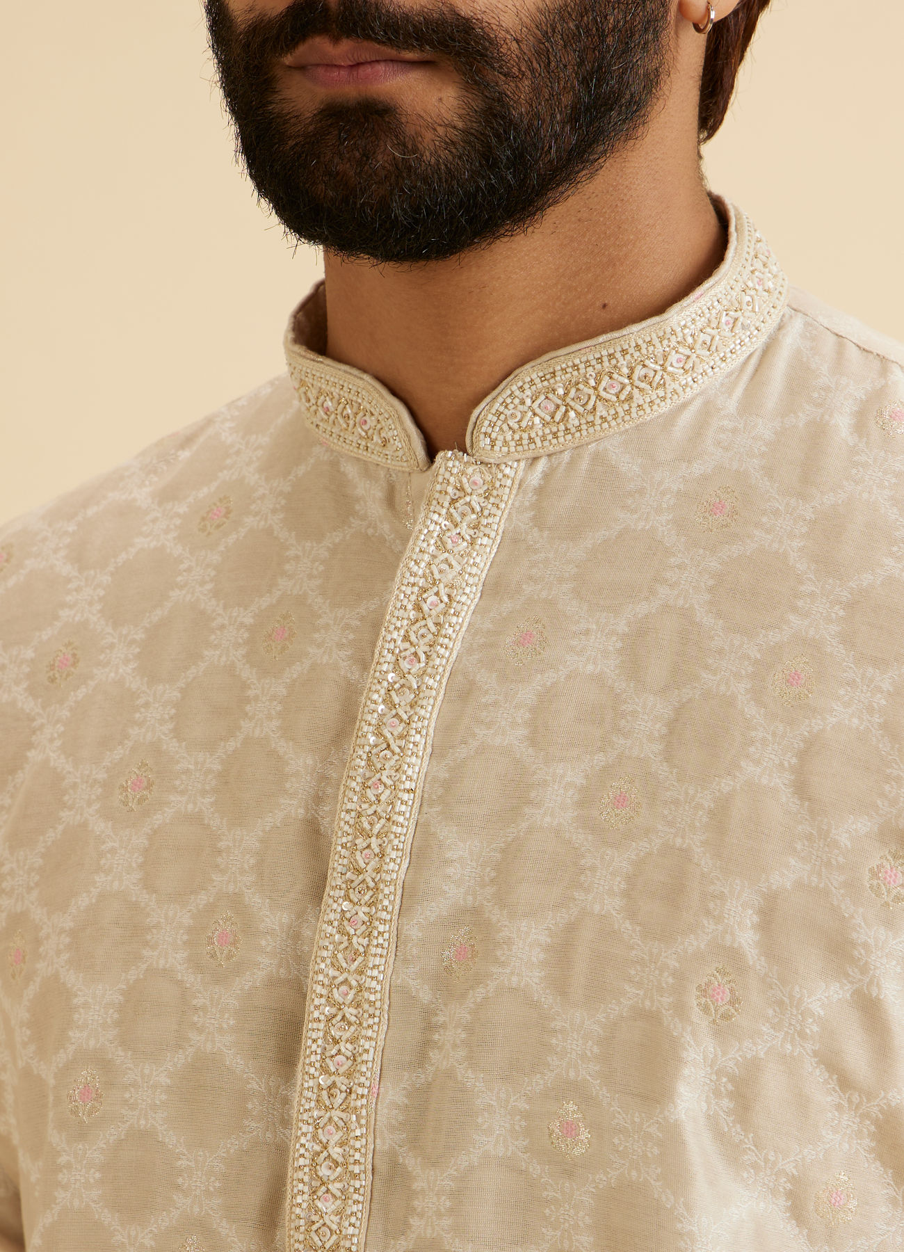 Manyavar Men Exquisite Beige Brocade Kurta Pajama Set