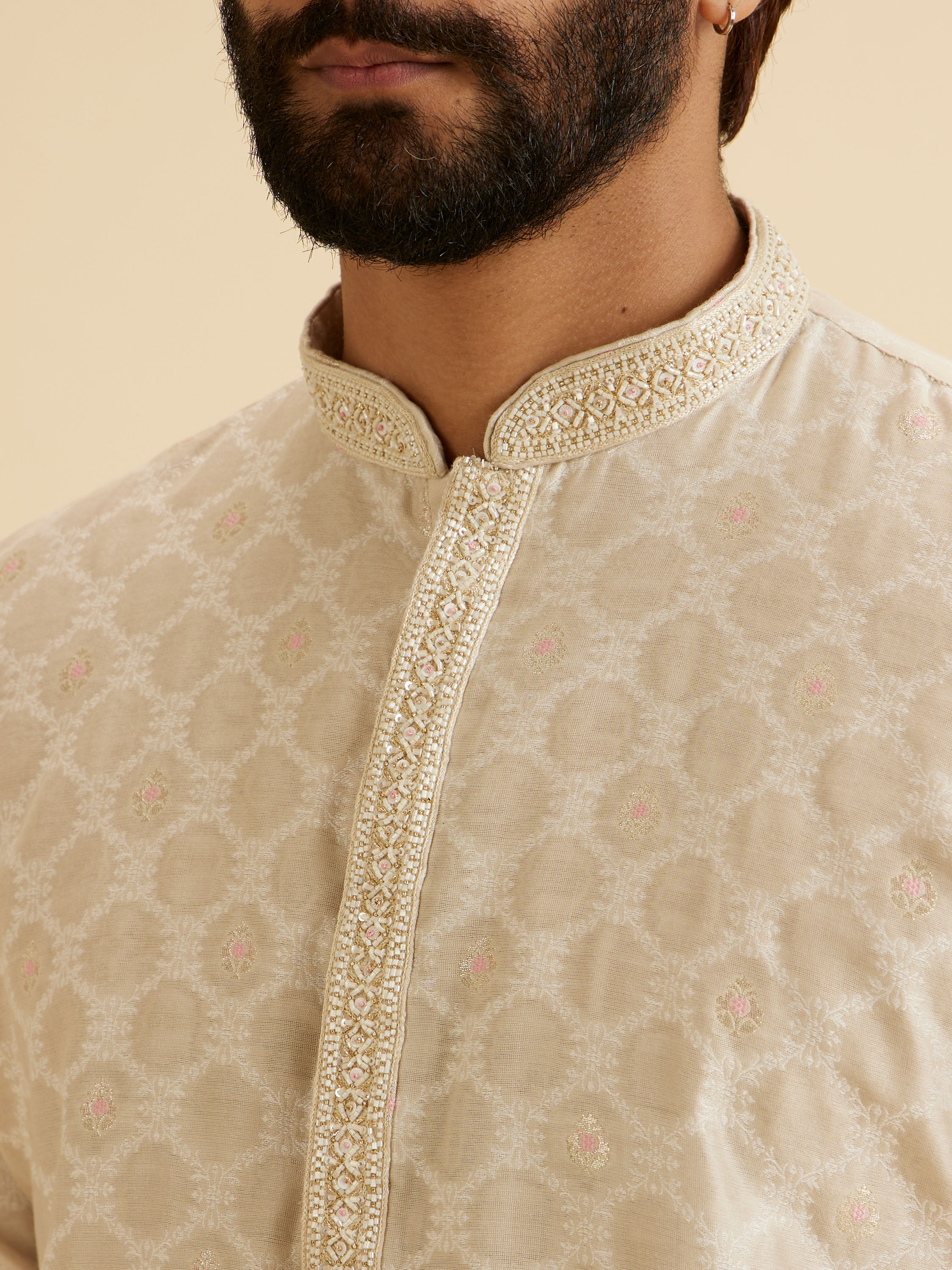 Manyavar Men Exquisite Beige Brocade Kurta Pajama Set
