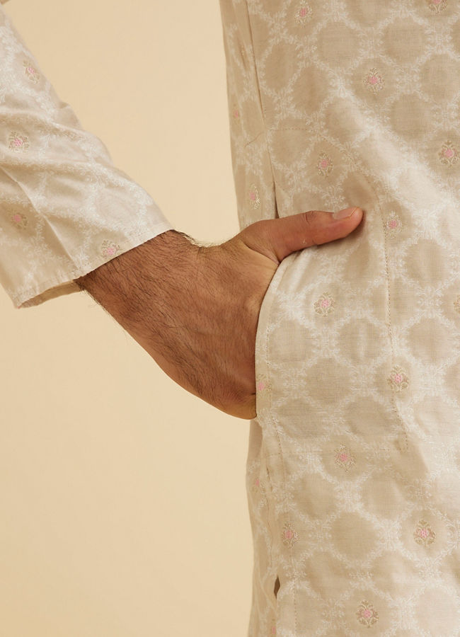 Manyavar Men Exquisite Beige Brocade Kurta Pajama Set