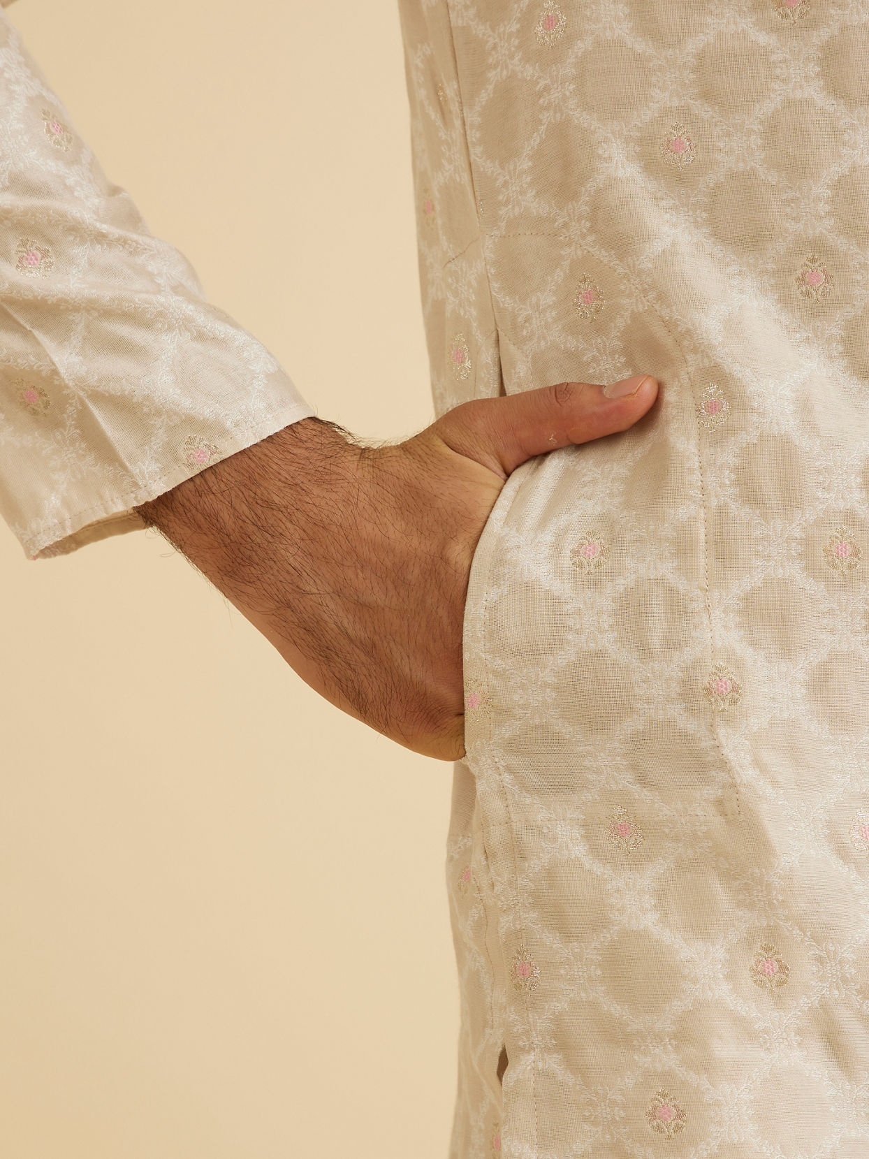 Manyavar Men Exquisite Beige Brocade Kurta Pajama Set