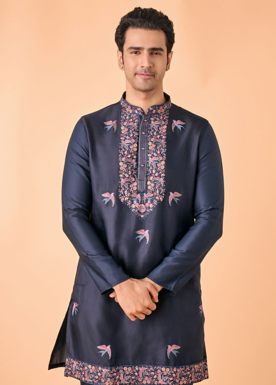 Manyavar Men Vibrant Dark Blue Satin Kurta Pajama