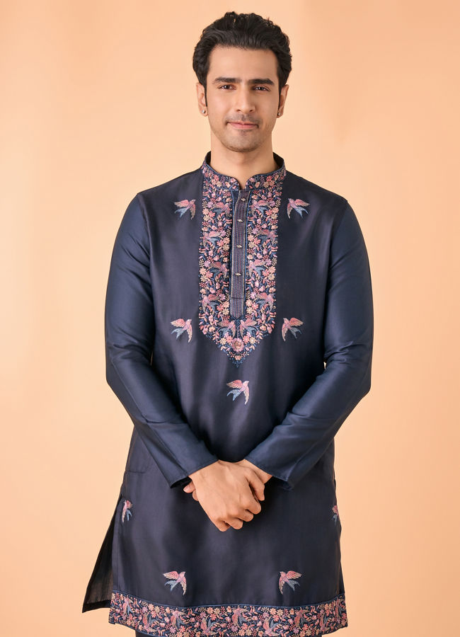Manyavar Men Vibrant Dark Blue Satin Kurta Pajama
