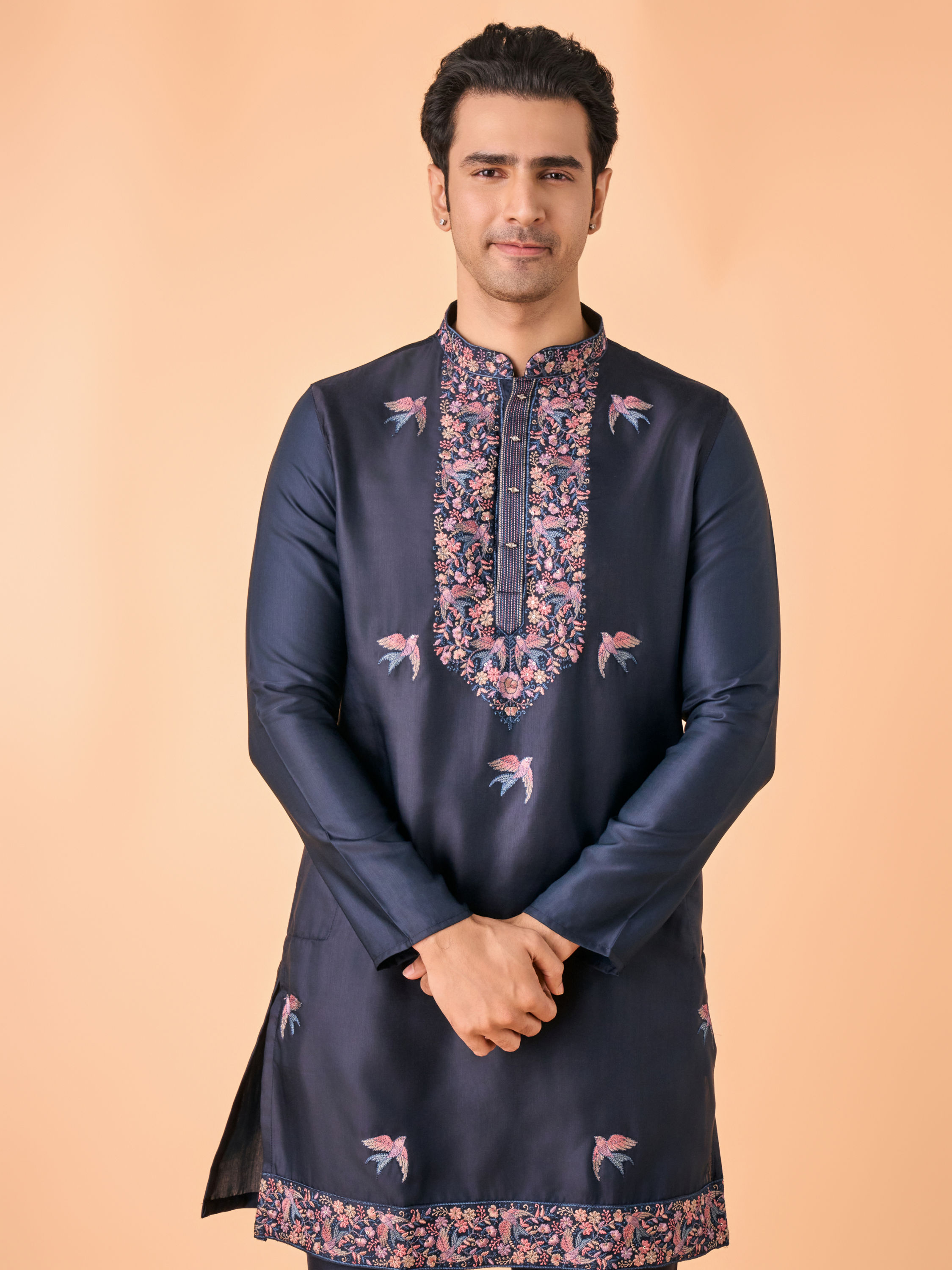 Manyavar Men Vibrant Dark Blue Satin Kurta Pajama