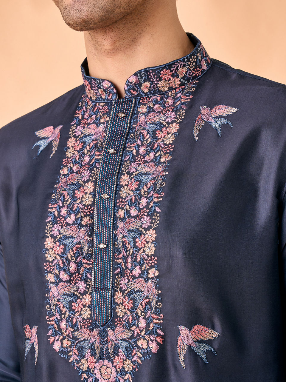 Manyavar Men Vibrant Dark Blue Satin Kurta Pajama