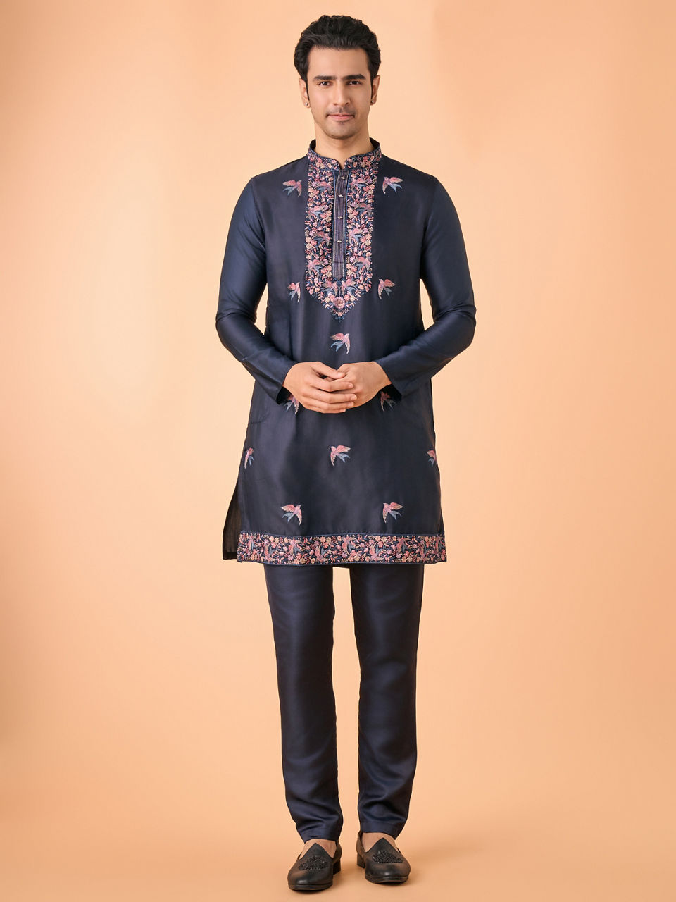 Manyavar Men Vibrant Dark Blue Satin Kurta Pajama
